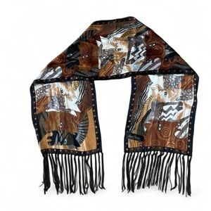 Laurel Burch Neck Scarf 100% Silk Horses Brown/Black/Cream Black Fringe -NWOT